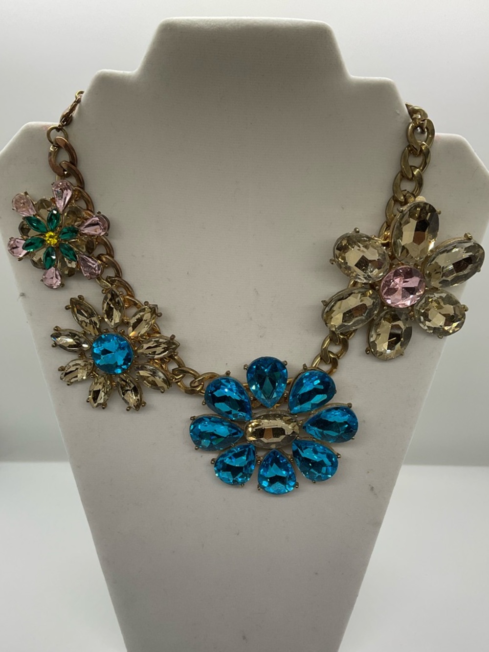 Joan Rivers Gold Tone Blue Multi-Stone Flower Bib Statement Necklace BEAUTIFUL
